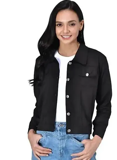 Stylish Black Denim Solid Jacket For Women