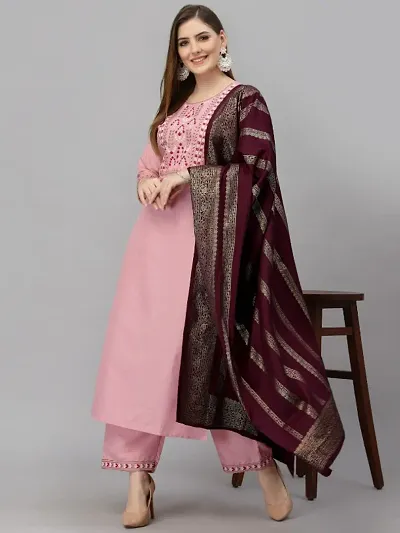 Stylish Embroidered Cotton Blend Kurta with Bottom and Dupatta Set