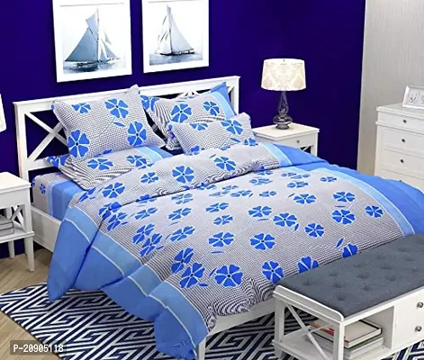 Blue and Grey Printed Polycotton Double Bedsheet with two pillow covers