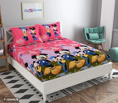 Mickey mouse printed multicolor polycotton double bedsheet with two pillow covers