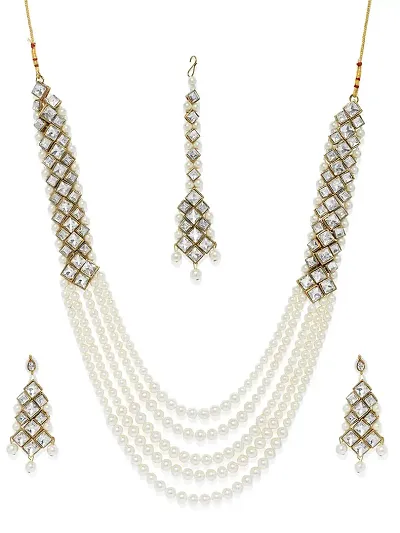 ZAVERI PEARLS Tone Layers Moti Mala Long Necklace Set For Women-ZPFK7834