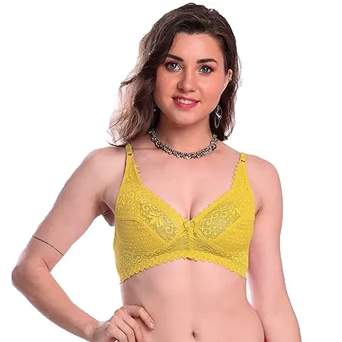 STROWBERRY Full Coverage Push Up Non Padded Non Wire Net  Lace Bra for Women and Girls Multi Colored (Lemon, 32)