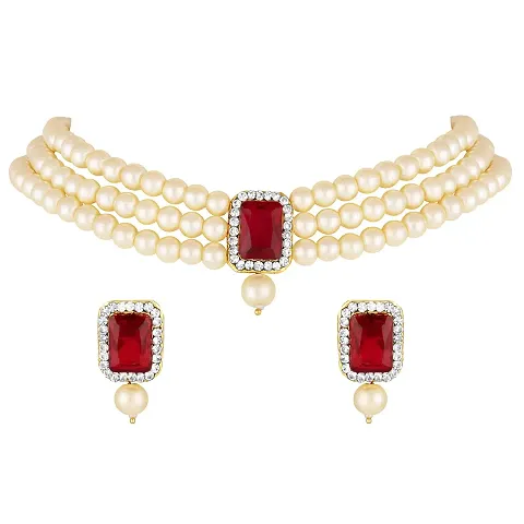 Peora Plated Indian Traditional Crystal Pearl Beaded Choker Necklace Jewellery Set for Women