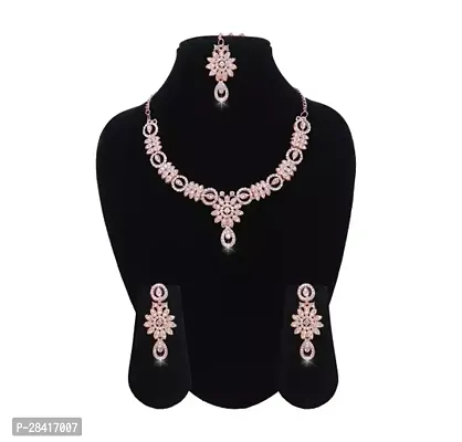 Stylish Pink Alloy Cubic Zirconia Jewellery Set For Women