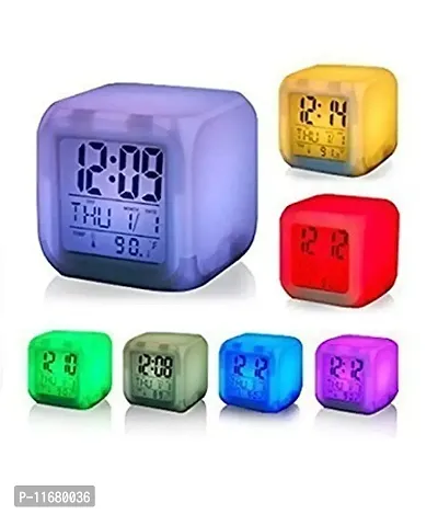 HOME BUY, Square 7 Color Changing Digital LCD Alarm Table Desk Clock with Calender Time Temperature Lights-thumb0