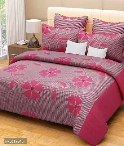 Pink Polycotton Floral Printed Bedsheet With 2 Pillow Covers