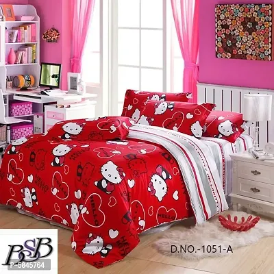 Red Cartoon Printed  Polycotton Bedsheet with 2 Pillow covers-thumb0