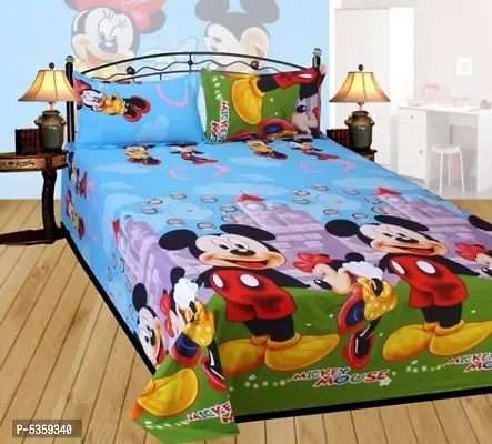 Polycotton Cartoon Printed Double Bedsheet With Two Pillow Covers-thumb0