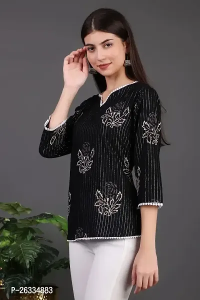 HAVISHA Traders Stylish and Beautiful Floral Printed with LACE DETIALING TOP | V-Neck Three Quarter Regular Sleeve in Jaquard Fabric | Casual WEAR for Women-thumb4