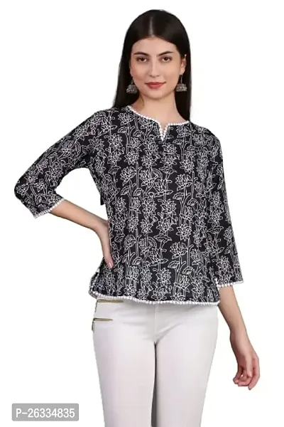 HAVISHA Traders Stylish and Beautiful Floral Printed with LACE DETIALING TOP | V-Neck Three Quarter Regular Sleeve in Jaquard Fabric | Casual WEAR for Women