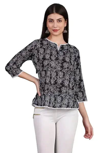 HAVISHA Traders Stylish and Beautiful Floral Printed with LACE DETIALING TOP | V-Neck Three Quarter Regular Sleeve in Jaquard Fabric | Casual WEAR for Women