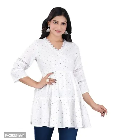 HAVISHA Traders Stylish and Beautiful Floral Printed with LACE Work Flared Dress | V-Neck Three Quarter Sleeve in Rayon Fabric-thumb0