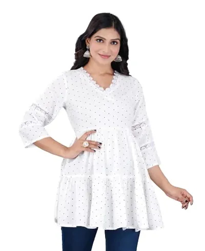 HAVISHA Traders Stylish and Beautiful Floral Printed with LACE Work Flared Dress | V-Neck Three Quarter Sleeve in Rayon Fabric