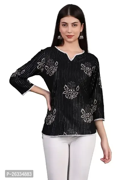 HAVISHA Traders Stylish and Beautiful Floral Printed with LACE DETIALING TOP | V-Neck Three Quarter Regular Sleeve in Jaquard Fabric | Casual WEAR for Women-thumb0