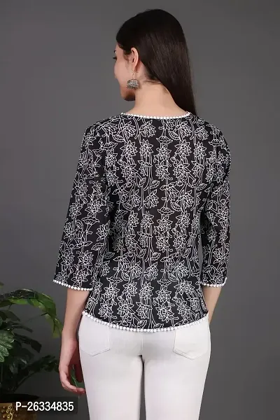 HAVISHA Traders Stylish and Beautiful Floral Printed with LACE DETIALING TOP | V-Neck Three Quarter Regular Sleeve in Jaquard Fabric | Casual WEAR for Women-thumb2