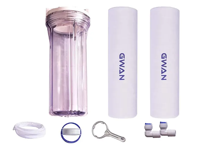 GWAN H TECH India Crystal Glass Clear Transparent Pre Filter Housing with 2 Pcs. 10"" PP Spun, 1 Pc. Spanner Key, Teflon Tape, 1/4"" Elbow Connector & 1/4"" Pipe, Compatible with All Type RO+UV+TDS+UF and Mineral Mineral Water Purifier, (MAKE IN INDIA )
