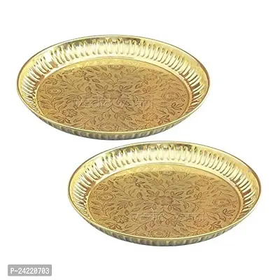 Skywalk Set of 2 Handmade Brass Puja Thali with Flower Emossed Design,Brass Pooja Plate for Home  Office Decoration  Gifting (Size-6 Inch)