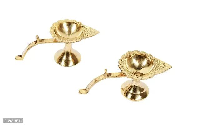 Skywalk Handmade Brass Oil Lamp/Brass Table Diya/?Brass Puja Diya with Curved Handle (Golden,Size-2)-thumb0
