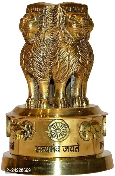 Handcrafted?Brass Ashoka Pillar National Emblem Indian Emblem Four Lions Satyamev Jayete National Flag Embelled Desk Paper Weight Showpiece Decorative (Gold 3 Inch)-thumb0