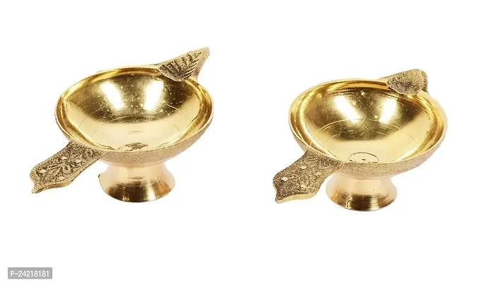 Set of 2 Handmade Brass Oil Puja Lamp Diya/Brass Akhand Diya Jyot for Home Office Diffuser Pooja Accessories(Size-1.5inch)-thumb0