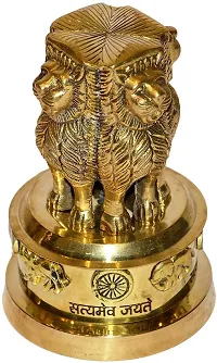 Handcrafted?Brass Ashoka Pillar National Emblem Indian Emblem Four Lions Satyamev Jayete National Flag Embelled Desk Paper Weight Showpiece Decorative (Gold 3 Inch)-thumb1