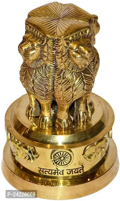 Handcrafted?Brass Ashoka Pillar National Emblem Indian Emblem Four Lions Satyamev Jayete National Flag Embelled Desk Paper Weight Showpiece Decorative (Gold 3 Inch)-thumb2