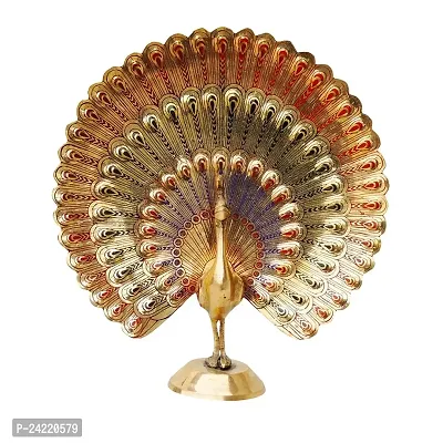 Skywalker Handcrafted Brass Peacock Showpiece Dancing Peacock Figurine Home Decor Statue Sculpture -10 cm (Multicolor)-thumb0