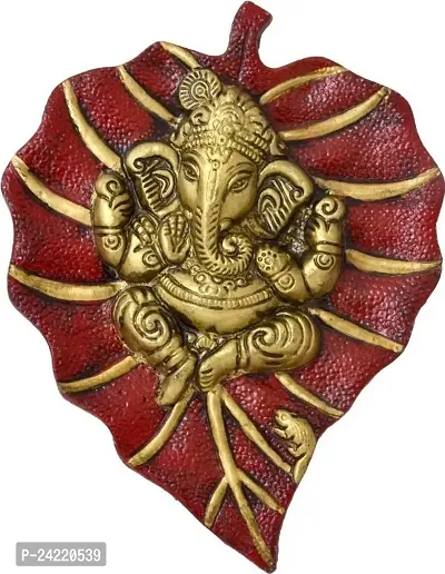 Metal Lord Ganesha on Leaf,Metal Pan Patta Ganesh Decorative Wall Hanging Showpiece Figurine (Red)