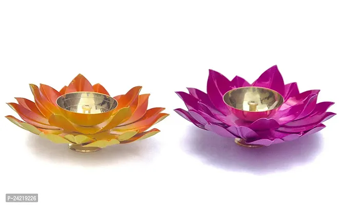 Skywalk Set of 2 Colorful Handcrafted Brass Lotus Diya Deepak Pooja Oil Lamp for Home Decoration and Diwali Gifting