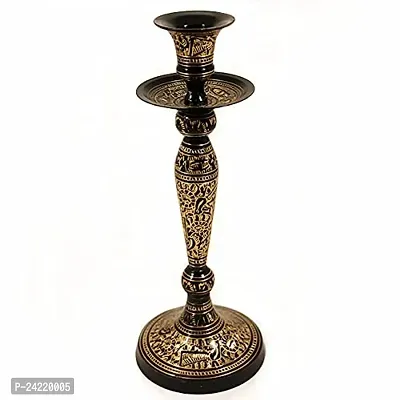 Hand Crafted Metal Brass Candle Stand with BIDRI NAKKASHI Work, Collectible Art,Perfect for Home Decoration and Gifting-thumb0