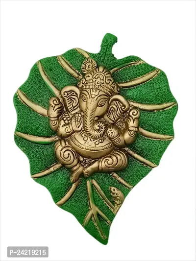 Metal Lord Ganesha on Leaf,Metal Pan Patta Ganesh Decorative Wall Hanging Showpiece Figurine (Green)