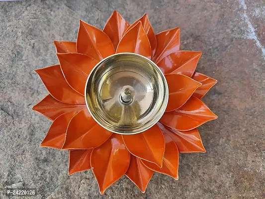 Skywalk Colorful Handcrafted Brass Lotus Diya Deepak Pooja Oil Lamp for Home Decoration and Diwali Gifting (Orange)