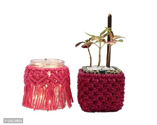 Skywalk Multipurpose Macrame Flower Vase / Macrame Candle Holder with Macrame Plant Pot Cover Set for Garden d?cor and Home d?cor