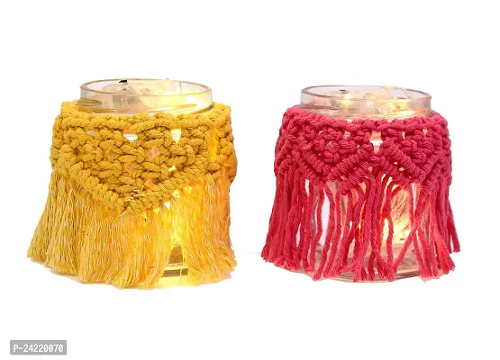 Skywalk Cotton Cord Pink Multipurpose Macrame Flower Vase with Glass Jar - Set of 2
