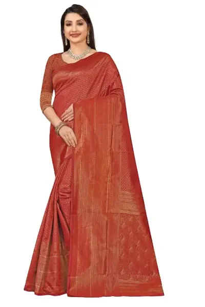 KOKVAROSTA Women's Present Banarasi Soft Lichi Silk Saree Beautiful Jacquard Rich Pallu Design Work Zari Woven Kanjivaram Silk Style Saree With Soft Lichi Silk Blouse Piece