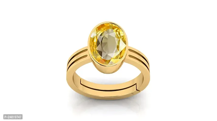 JEMSKART Certified Unheated Untreatet 7.00 Carat A+ Quality Natural Yellow Sapphire Pukhraj Gemstone Gold Plated Ring for Women's and Men's-thumb0