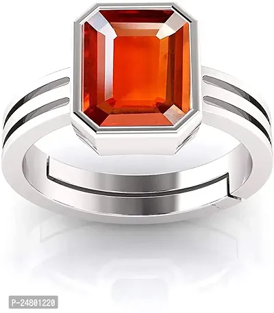 Sidharth Gems 14.25 Ratti / 13.00 Carat Natural Certified Hessonite/Garnet/Gomed Loose Gemstone Silver Plated Adjustable Ring Sizes Between 15 to 28 for Men's and Women's