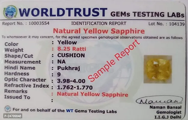 Sidharth Gems 11.25 Ratti 10.00 Carat Cultured Yellow Sapphire Gemstone Certified Cultured Pukhraj Stone Lab Tested Astrological Purpose-thumb2