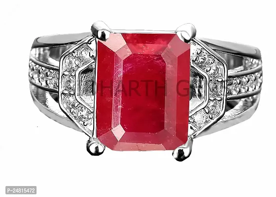 SIDHARTH GEMS 7.25 Ratti 6.00 Carat Original Red Ruby Manik Silver Ring Certified Gemstone Adjustable Ring For Men And Women