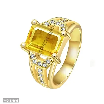 SIDHARTH GEMS Certified Untreatet 8.25 Ratti 7.75 Carat A+ Quality Natural Yellow Sapphire Pukhraj Gold Plated Gemstone Ring For Women's and Men's