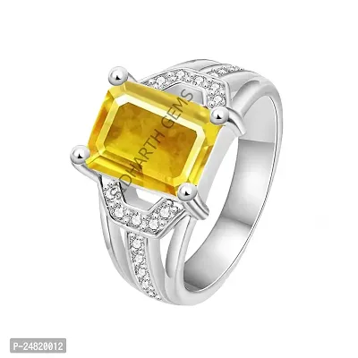 SIDHARTH GEMS 9.25 Ratti 8.00 Carat Unheated Untreatet A+ Quality Natural Yellow Sapphire Pukhraj Gemstone Silver Plated Ring for Women's and Men's (Lab Certified)-thumb0