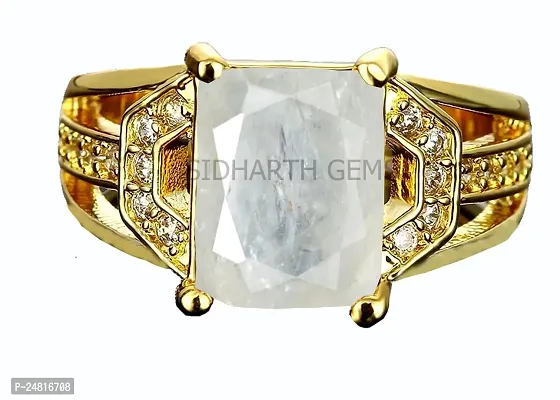 SIDHARTH GEMS 15.25 Ratti / 14.55 Carat Gold Plated Ring Natural White Sapphire Stone Certified Safed Pukhraj Adjaistaible Ring Birthstone Precious Loose Gemstone-thumb0