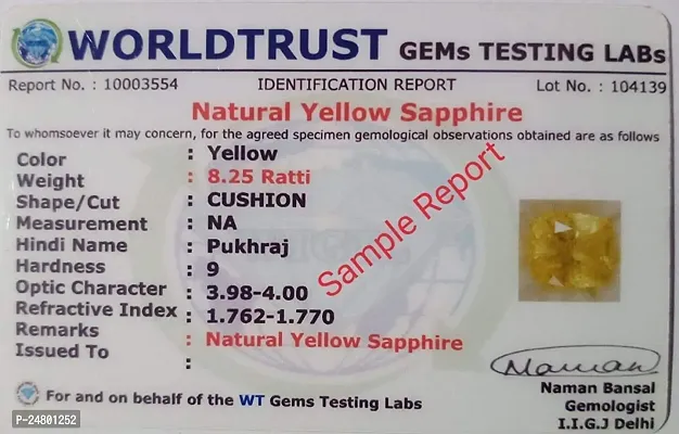 Sidharth Gems 11.25 Ratti 10.00 Carat Cultured Yellow Sapphire Gemstone Certified Cultured Pukhraj Stone Lab Tested Astrological Purpose-thumb2