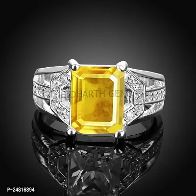 Jemskart 9.25 Ratti 8.00 Carat Unheated Untreatet A+ Quality Natural Yellow Sapphire Pukhraj Gemstone Silver Plated Ring for Women's and Men's (Lab Certified)-thumb3