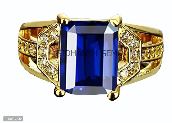 Jemskart 8.25 Ratti / 7.50 Carat Certified Natural Blue Sapphire/Neelam Ring (Nilam/Neelam Gold Plated) panchdhatu Adjustable Ring for Men and Women