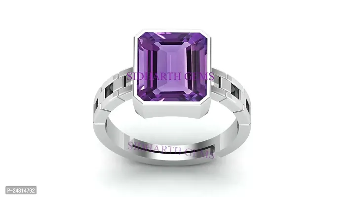 12.25 Ratti 11.00 Carat Amethyst Silver Plated Ring Katela Ring Original Certified Purple Natural Jamuniya Stone Ring Astrological February Birthstone Adjustable Ring Size 16-27-thumb0