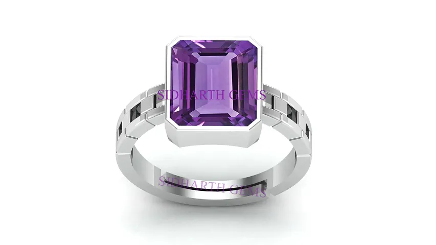 12.25 Ratti 11.00 Carat Amethyst Silver Plated Ring Katela Ring Original Certified Purple Natural Jamuniya Stone Ring Astrological February Birthstone Adjustable Ring Size 16-27