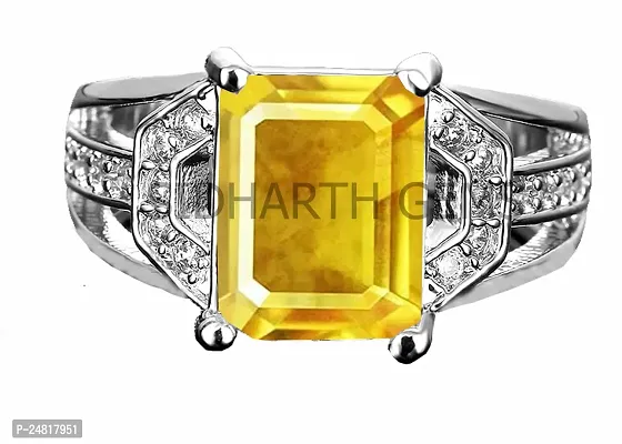 Jemskart 5.25 Ratti Natural Yellow Sapphire Ring Certified Pukhraj Silver Plated Adjustable Ring for Men  Women