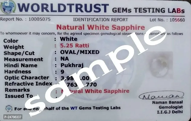 SIDHARTH GEMS 14.25 Ratti 13.00 Carat AA++ Quality Certified Adjaistaible Gold Plated Ring Unheated Untreated Natural White Sapphire Pukhraj Loose Gemstone by Lab Certified-thumb5