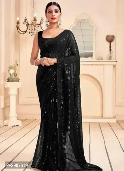 Black Embroidered Silk Blend Saree with Blouse piece-thumb0